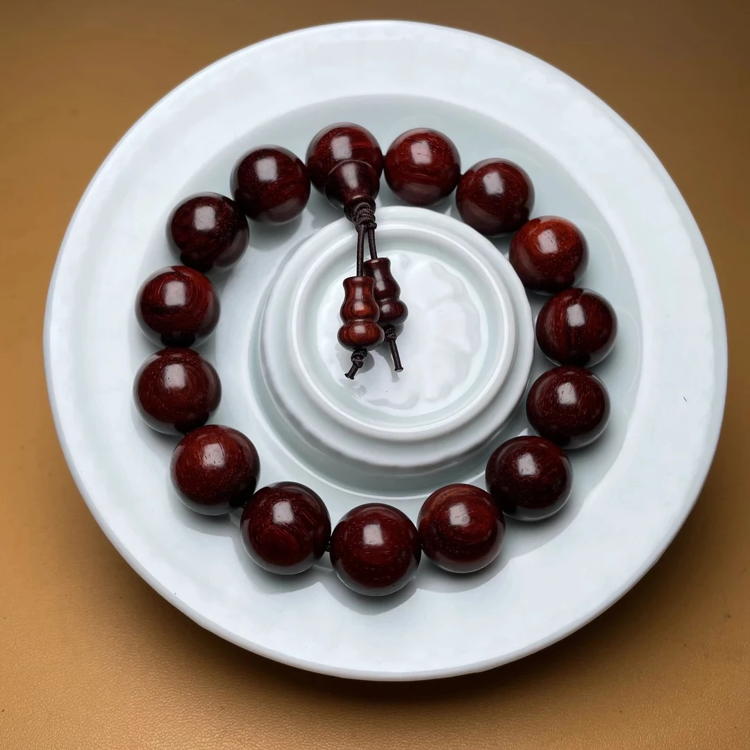 印度小叶紫檀 高油高密老料1.5*15颗 手串 原汁原味 无胶无蜡