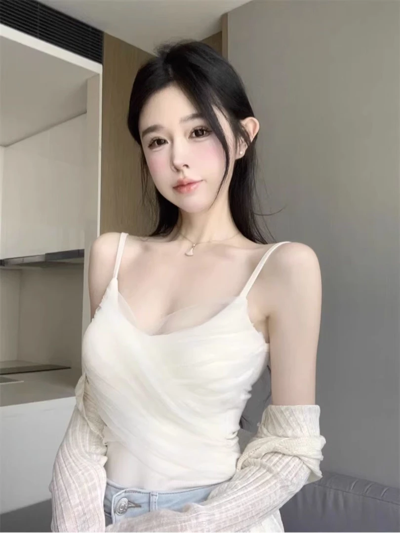 韩版纯欲性感网纱拼接吊带背心女夏季设计感小众ins风短款上衣潮