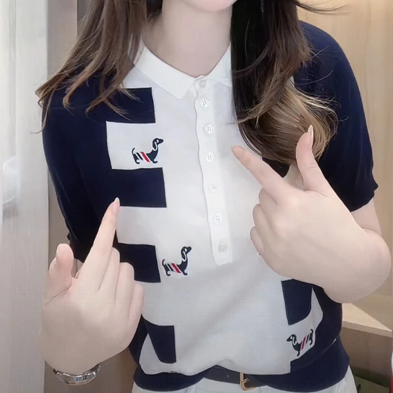 polo领小狗印花针织短袖t恤女夏季新款设计感时尚减龄气质上衣潮