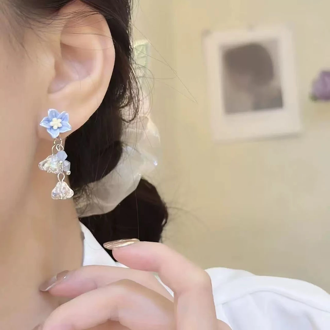 铜合金亚克力耳饰 新中式清新森系蓝色滴釉花朵水晶流苏耳环N2569