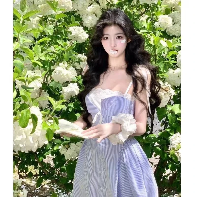 韩系少女条纹吊带连衣裙夏季2025新款超好看独特显瘦漂亮长裙子