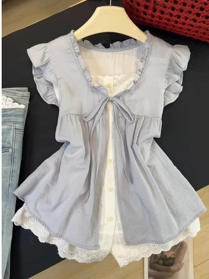 （W1998）甜美韩系假两件小飞袖衬衫荷叶边设计感小众减龄别致上衣