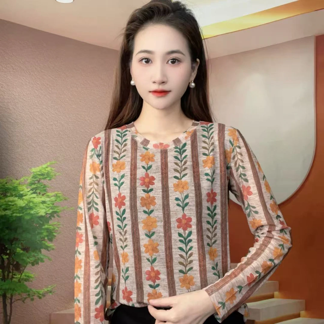 2025冬季新款肌肤纱长袖圆领时尚显瘦印花T恤上衣A582