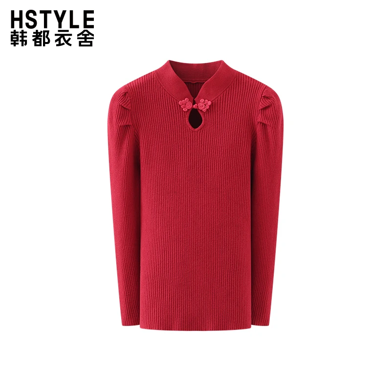 韩都衣舍立领盘扣镂空针织衫女气质纯色高级感新中式小众套头上衣