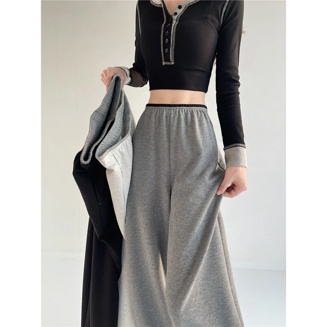 【长裤系列】小弯刀撞色腰阔腿休闲裤双色裤子松紧带垂感慵懒百搭