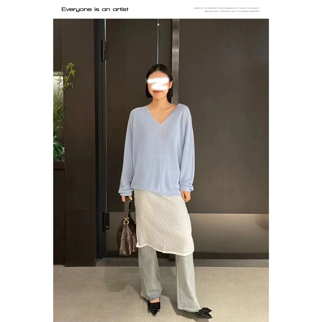 53109 纯色V领针织上衣宽松遮肉百搭