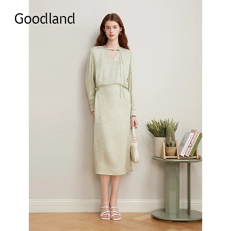 【新中式】Goodland美地2025春季新款V领提花盘扣古典气质连衣裙