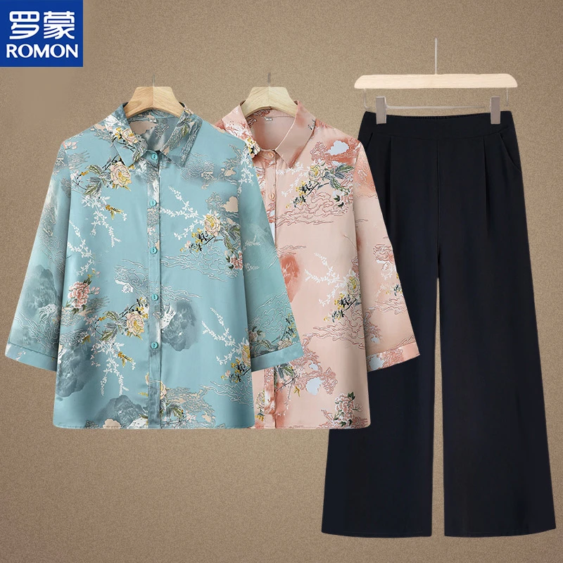 Romon/罗蒙妈妈夏装衬衫新款中老年女装宽松小衫套装中老年人上衣