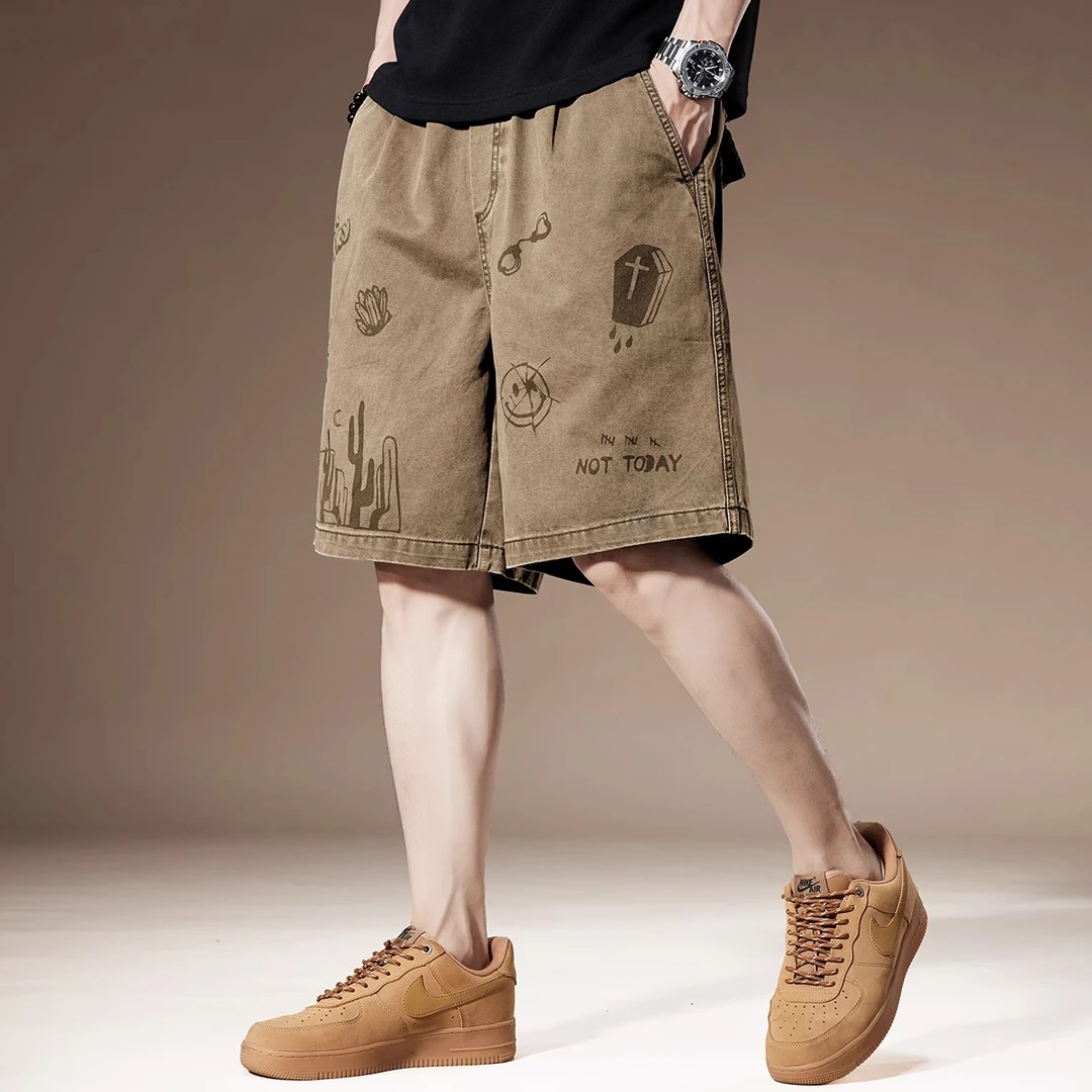 高端日系复古涂鸦短裤男夏季重磅水洗纯棉宽松休闲工装五分裤子男