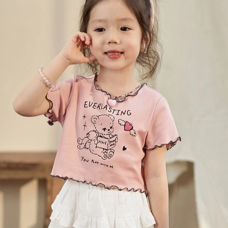 女童短袖T恤2025夏季新款女宝宝时尚洋气儿童卡通印花木耳边上衣