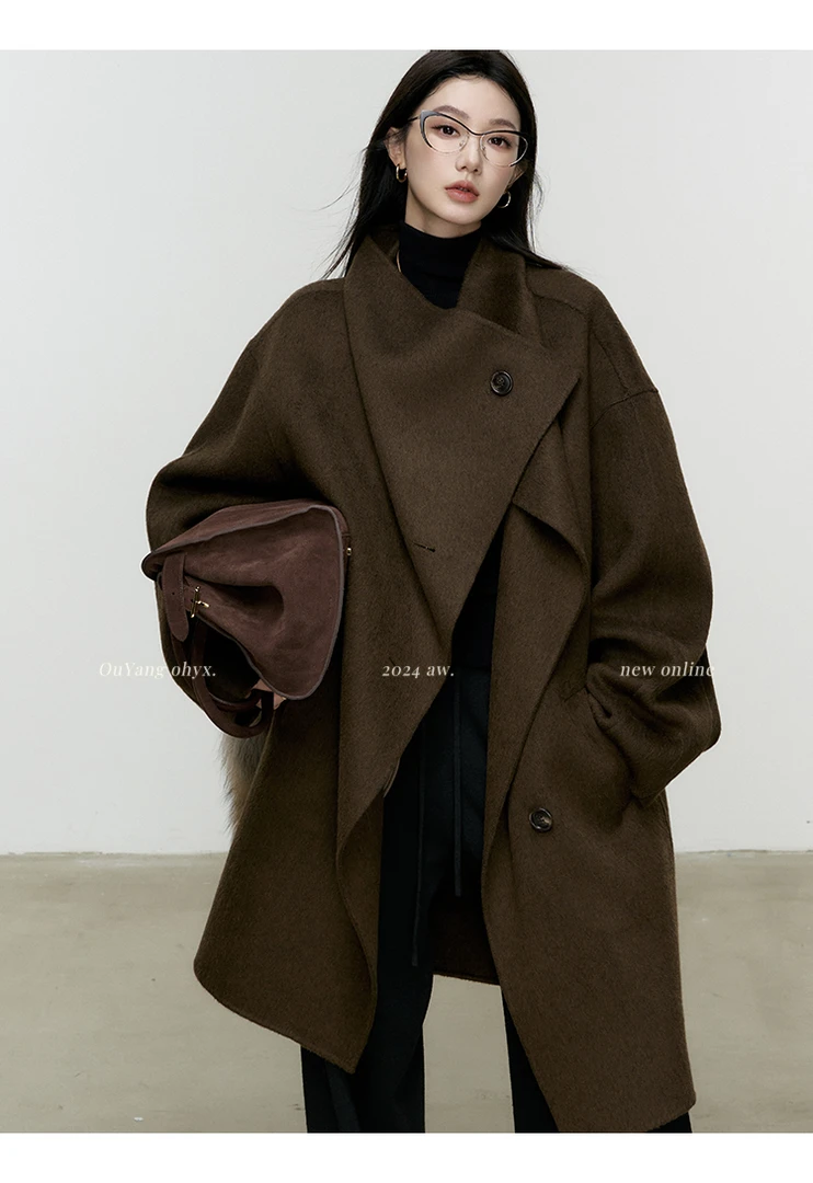 立领羊毛双面呢大衣女冬季宽松中长款呢子耗牛绒毛呢外套