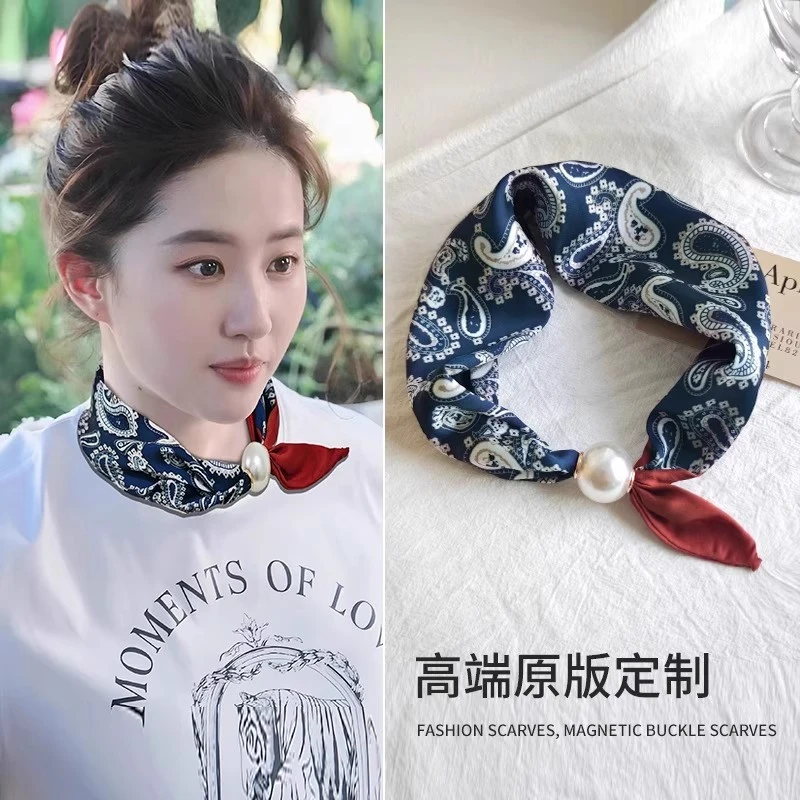 刘亦菲同款丝巾女磁吸扣小方巾长条领巾女搭配衬衫职业装饰薄围巾