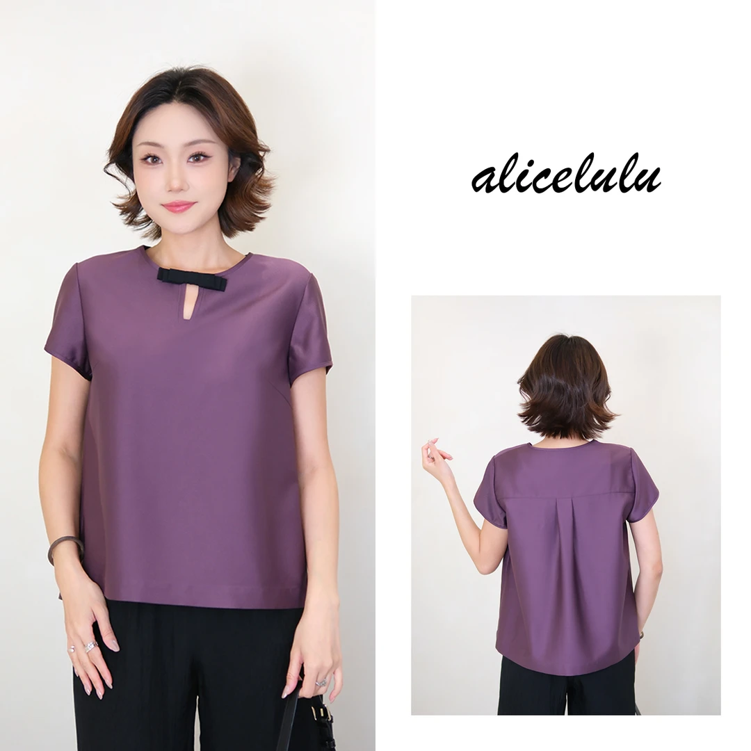 [alicelulu]法式优雅光泽感蝴蝶结圆领短袖衬衫S2143312E