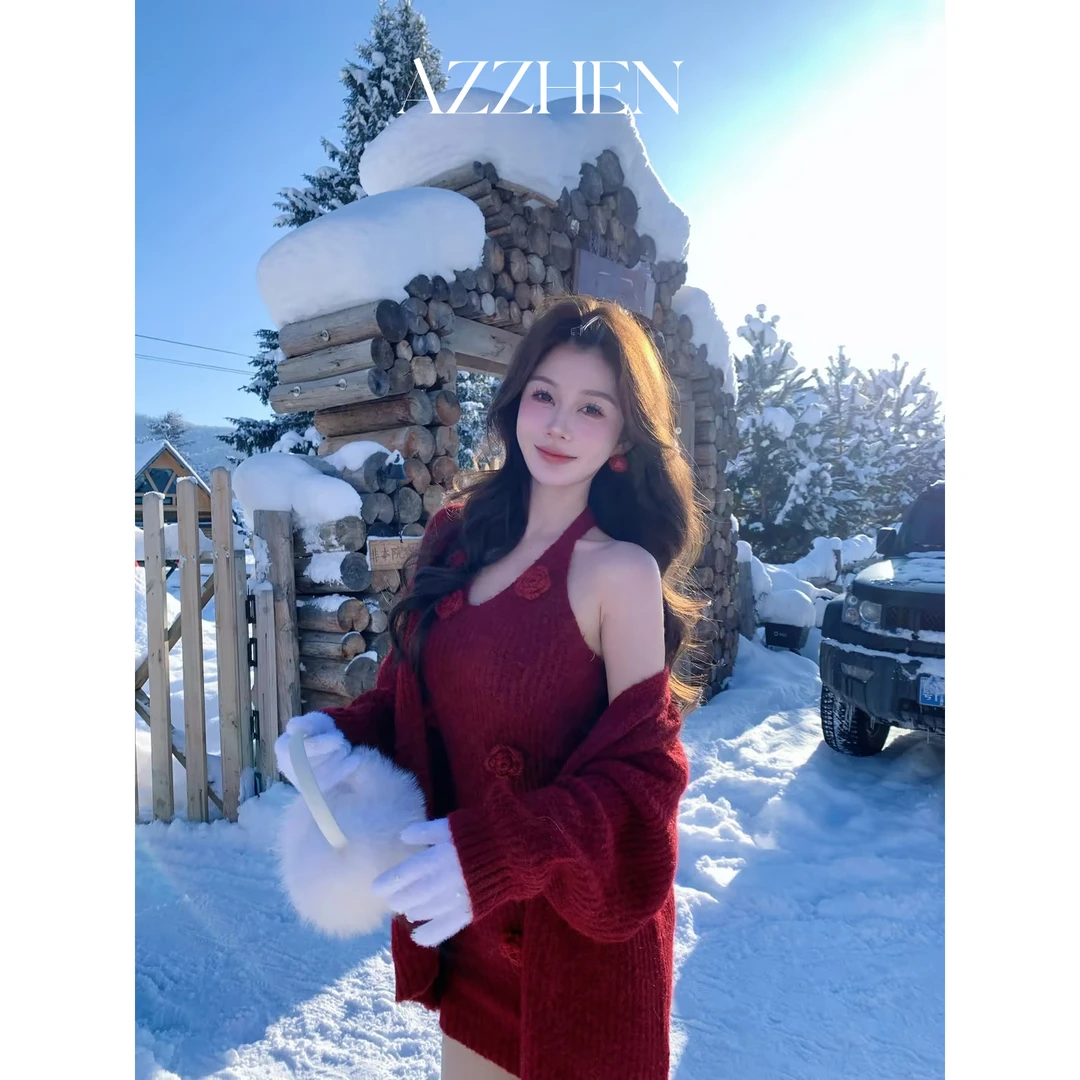 AZZHEN【圣诞节】挂脖圣诞节新年氛围绵羊毛针织连衣裙含腿套三件套