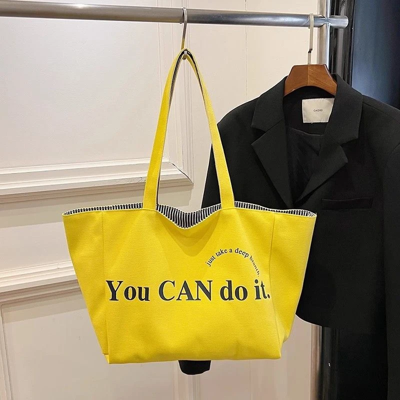 韩版 大容量帆布托特包 纯色刺绣/条纹 两面背 手提/单肩 日常