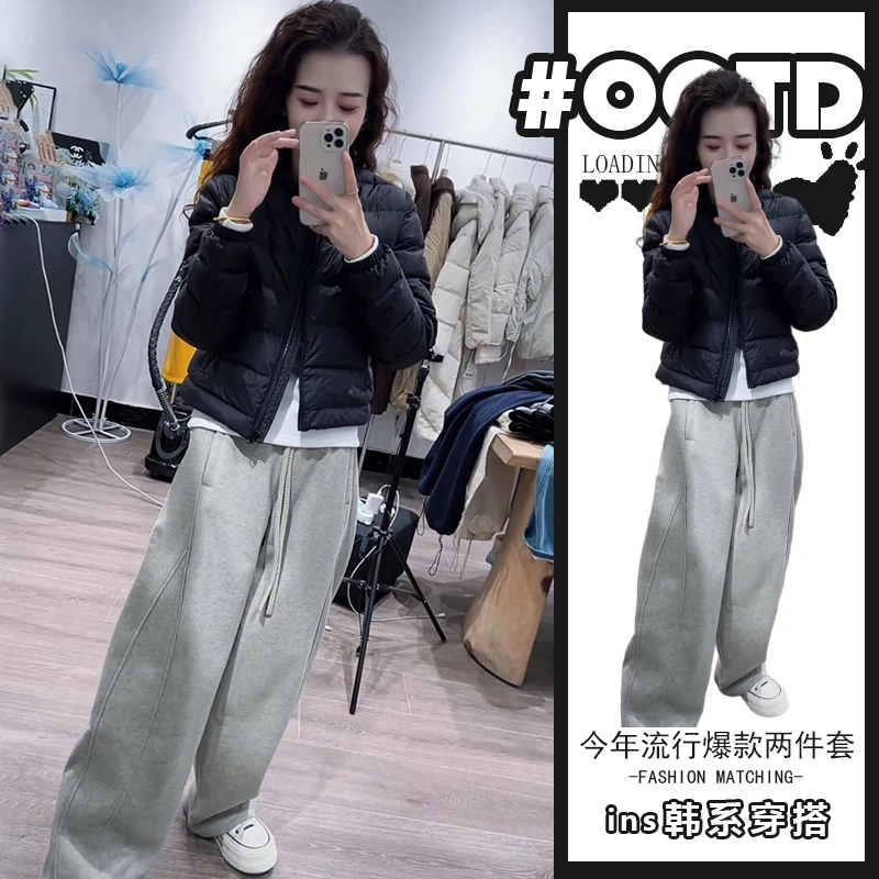 2025秋冬季新款时尚一整套气质老钱风百搭宽松短款外套裤子两件套
