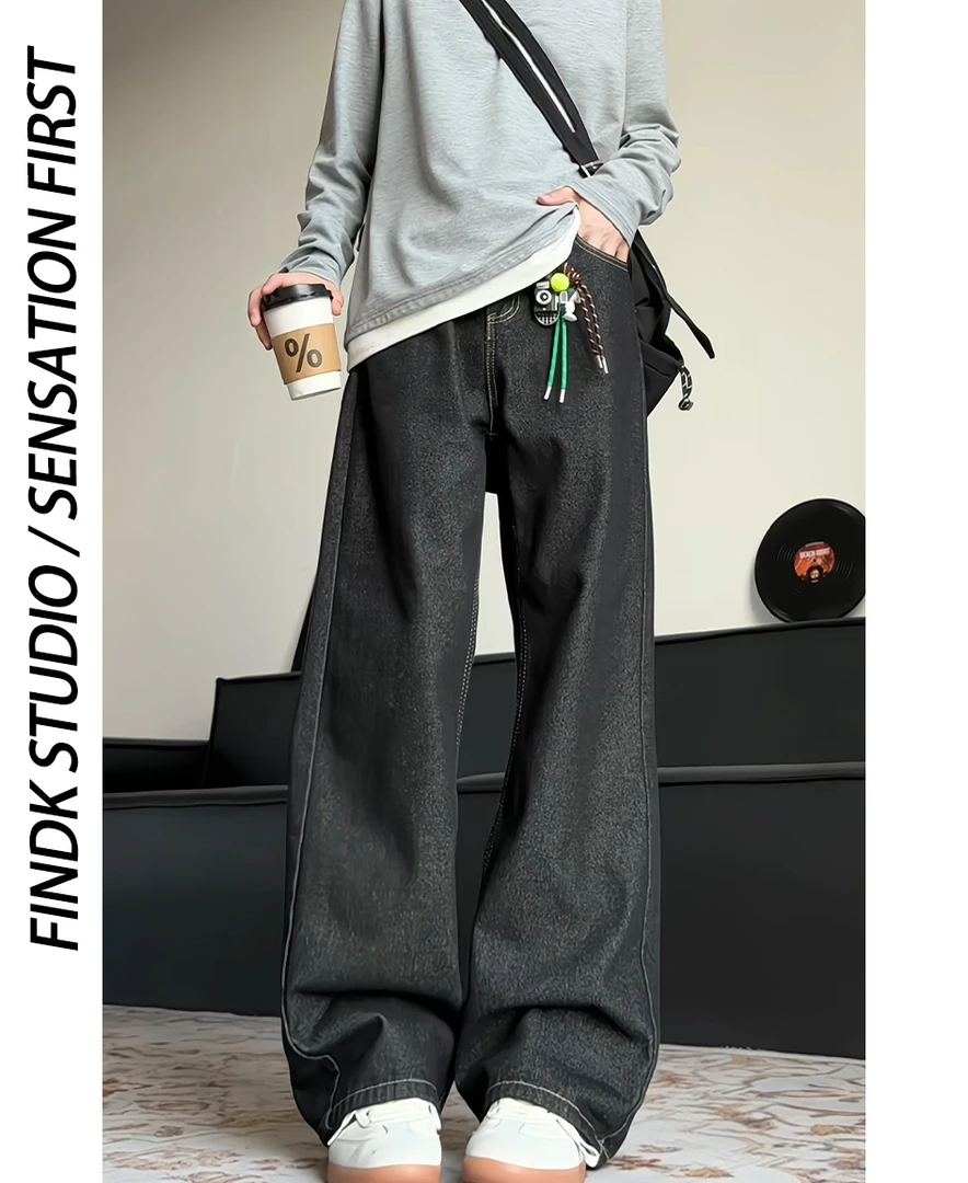 Cleanfit秋冬加绒美式复古原牛黑牛仔裤男女原色宽松直筒百搭长裤