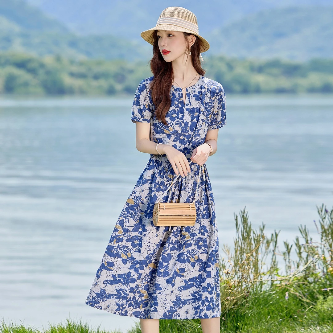 复古印花短袖棉麻连衣裙女2025夏季新款收腰显瘦妈妈洋气减龄裙子