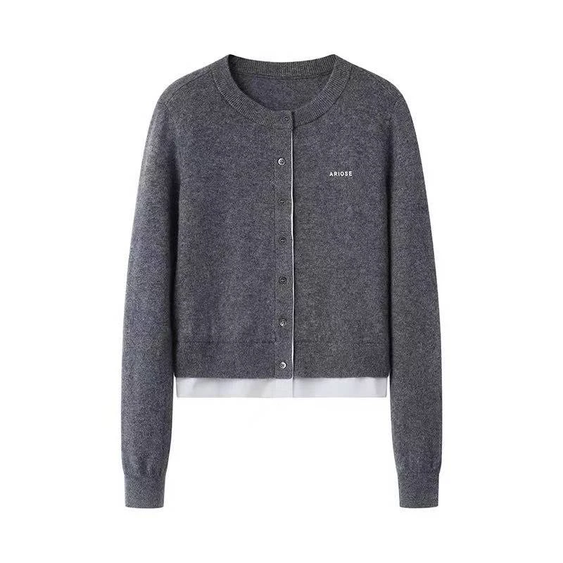 艾家2025春季新款休闲百搭圆领针织衫假两件女8008