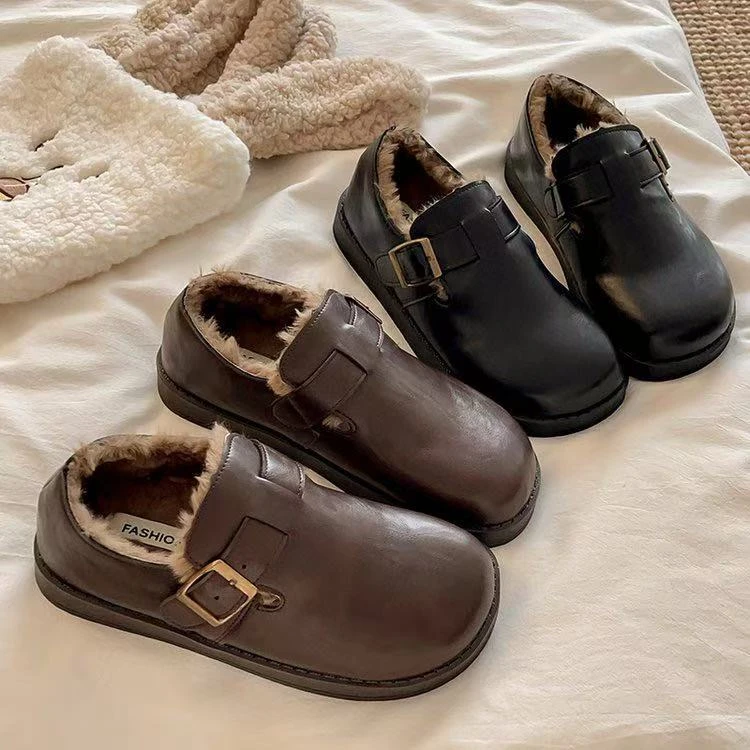 【迦迦】2025新款冬季厚底皮面勃肯鞋女加绒保暖棉鞋乐福小皮鞋防滑