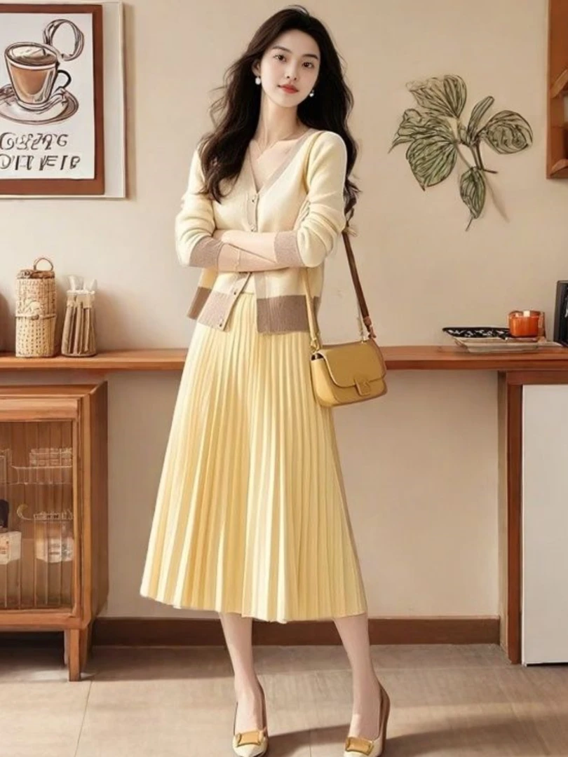 [工厂直销套装]春秋新款多巴胺翻领针织开衫百褶半身裙99397+Q215