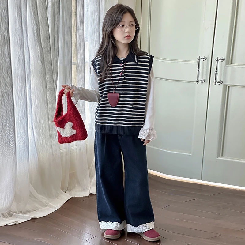 女童套装2025春秋新款学院风条纹针织马甲中大童韩系三件套秋装潮