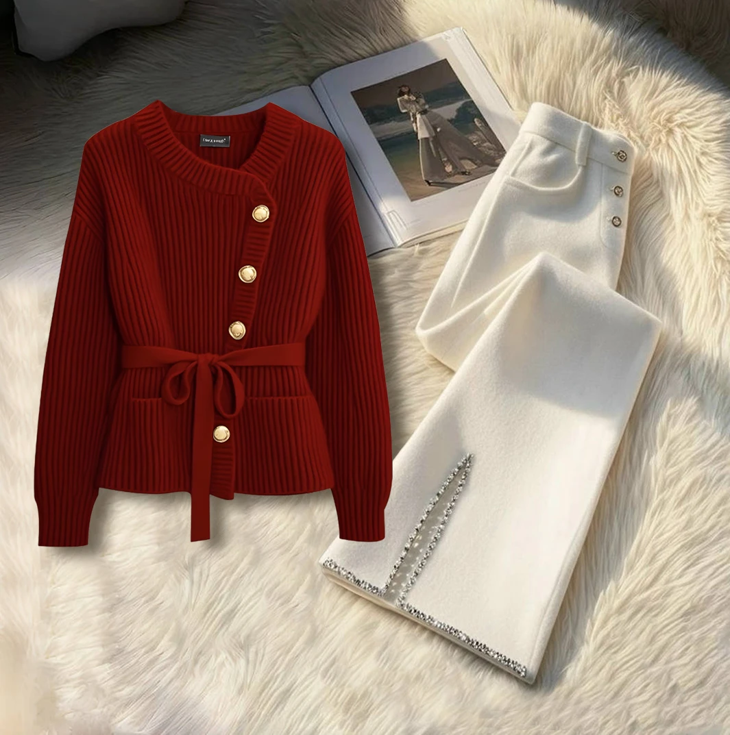 秋冬季潮流一整套穿搭洋气气质红色毛衣针织衫时尚百搭直筒裤女装