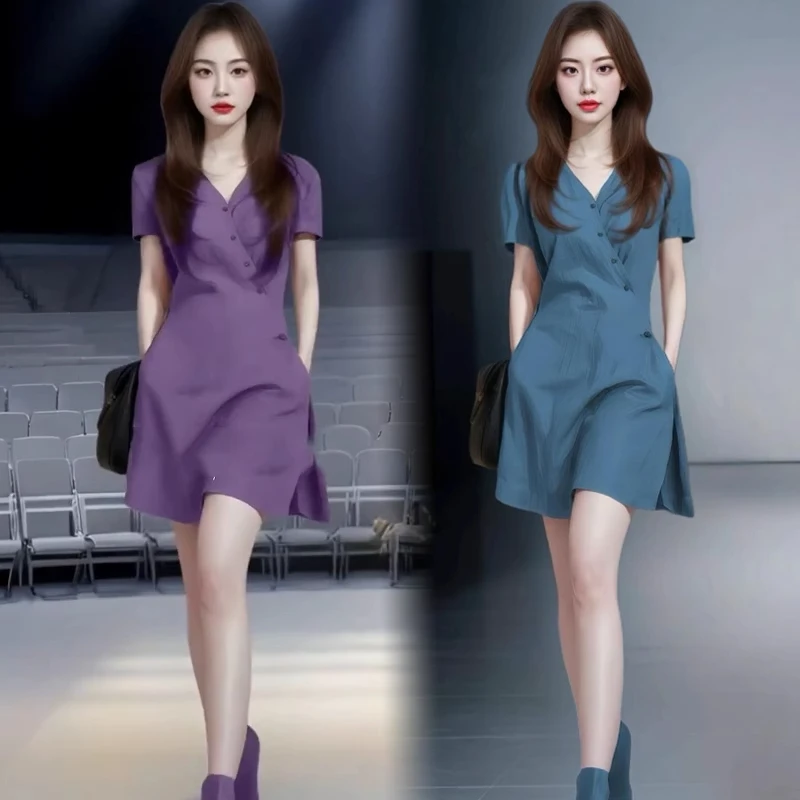 时尚连衣裙女2025夏季新款洋气显瘦V领短袖上衣开叉设计气质裙子