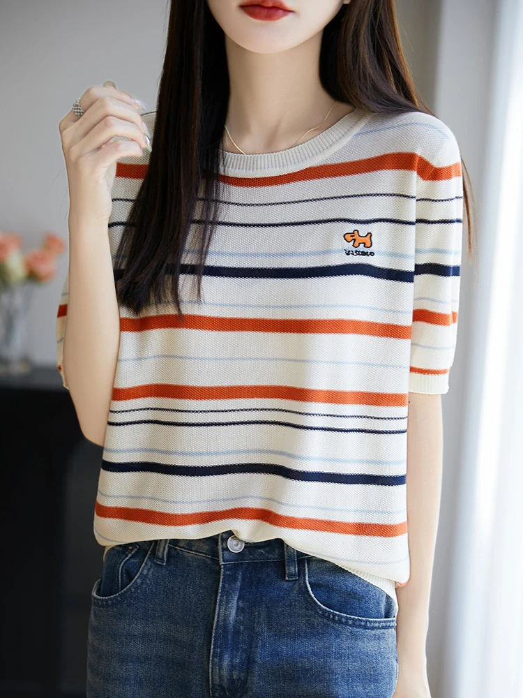 2025夏新款冰丝针织衫短袖女圆领薄款t恤拼色条纹上衣设计感619
