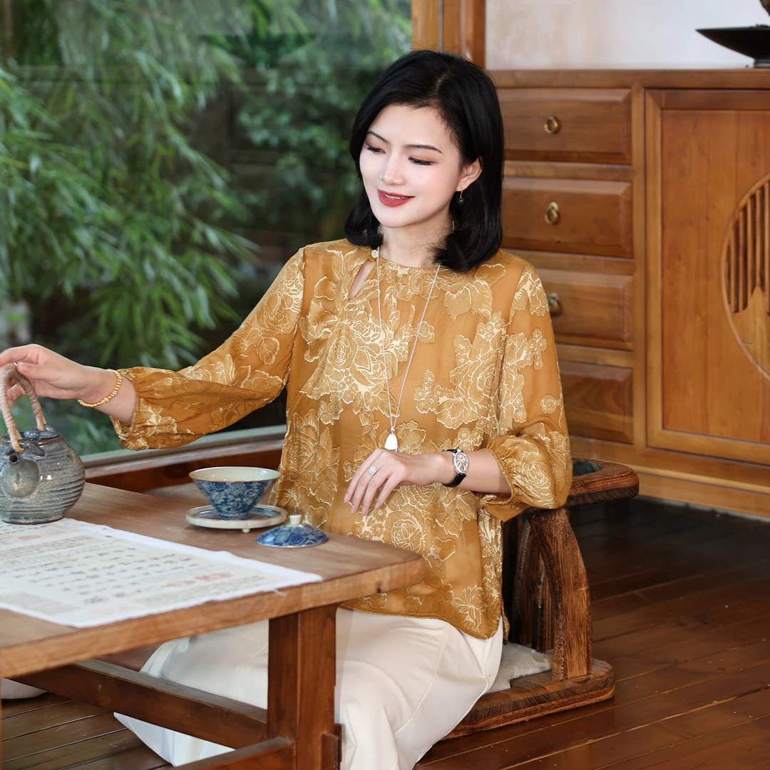 【桑蚕丝】枫竺阿楠anan贵气新中式圆领七分袖烧花工艺女夏真丝衬衣