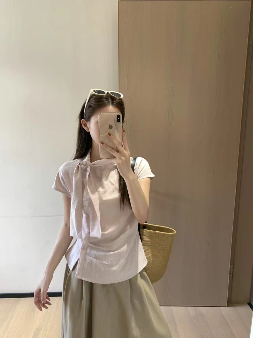韩11高级感条纹小飞袖飘带斜门襟衬衫女不规则休闲显瘦百搭上衣夏
