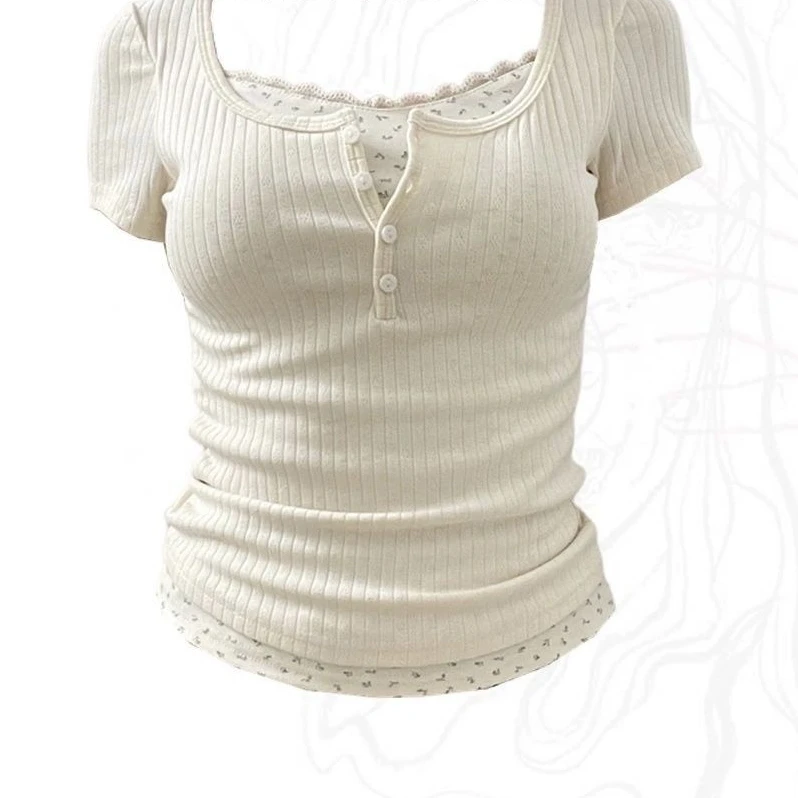 杏色小香风内搭假两件短袖T恤女夏季设计感小众纯欲正肩短款上衣