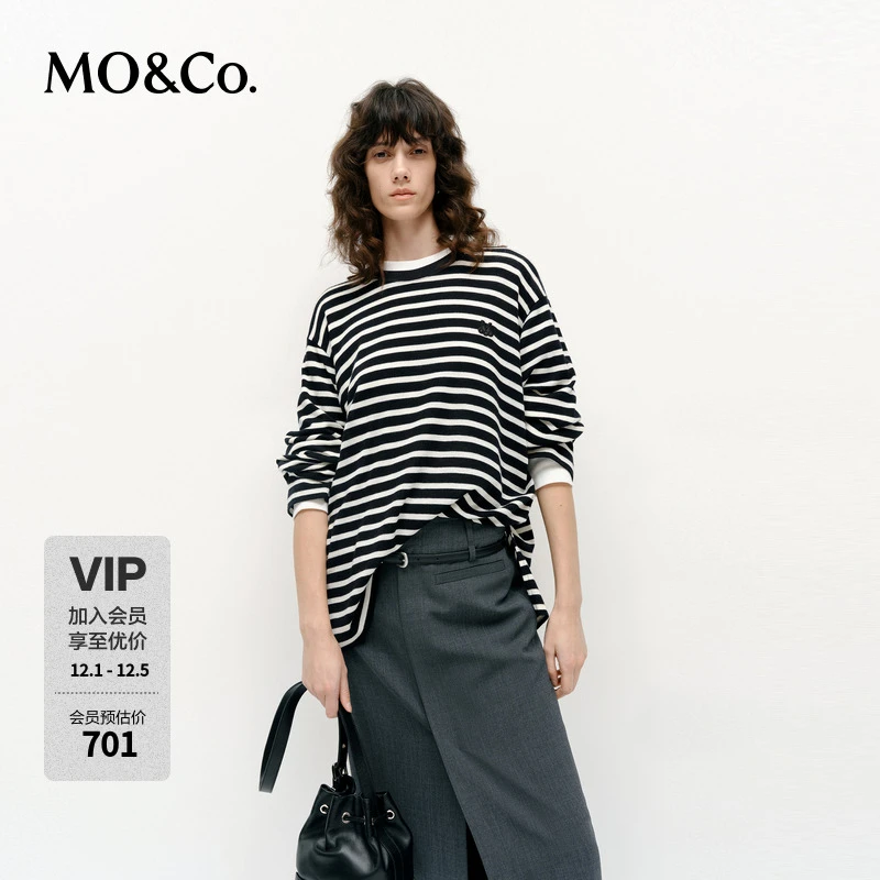 MOCO长袖T恤2025春新品美丽诺绵羊毛刺绣logo条纹上衣MBE1TEE006