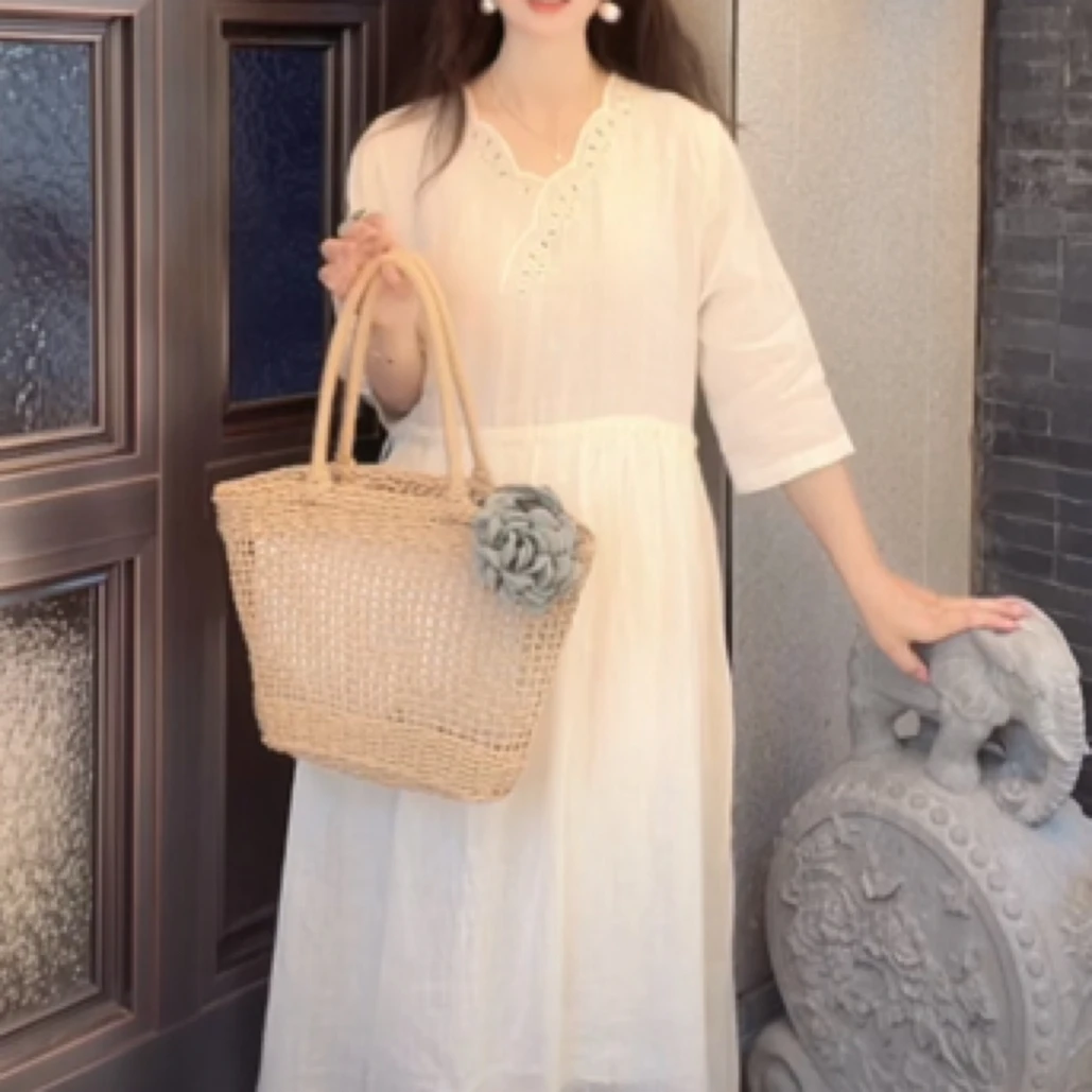 『蝶家』苎麻复古刺绣气质显瘦连衣裙7770