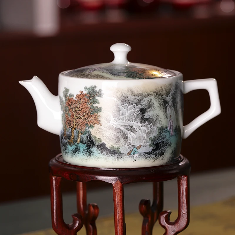 景德镇刘茂粉彩手绘茶壶山水画陶瓷功夫茶具单壶纯手工瓷器茶壶