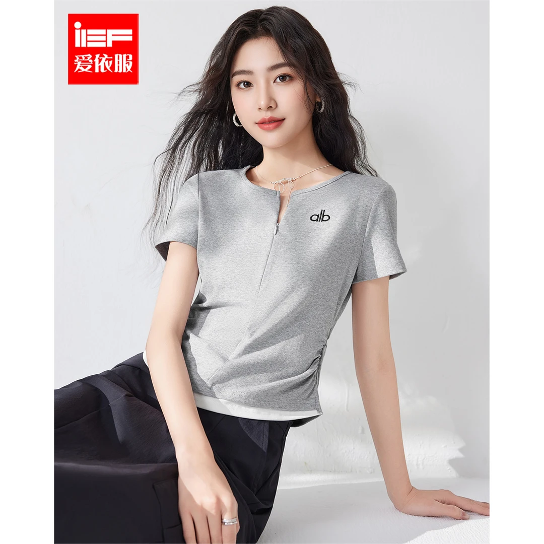 IEF/爱依服短袖上衣2025夏季新款韩版简约通勤气质百搭正肩T恤