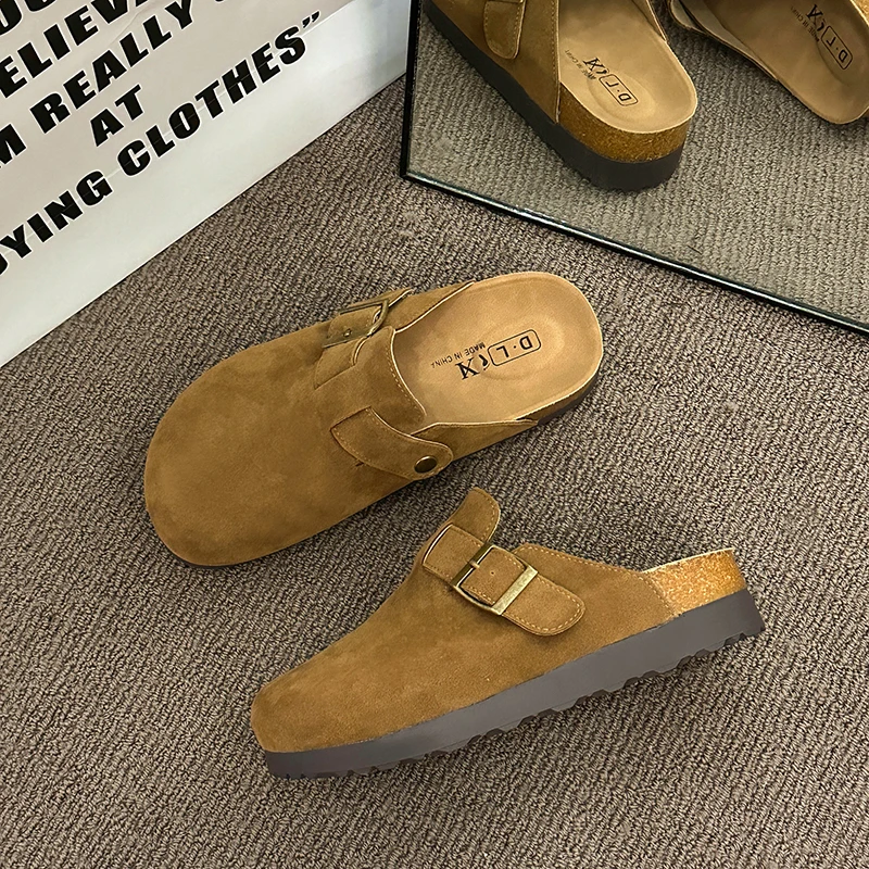 厚底勃肯鞋女2025春秋一脚蹬小个子懒人包头半拖鞋外穿软木博肯鞋