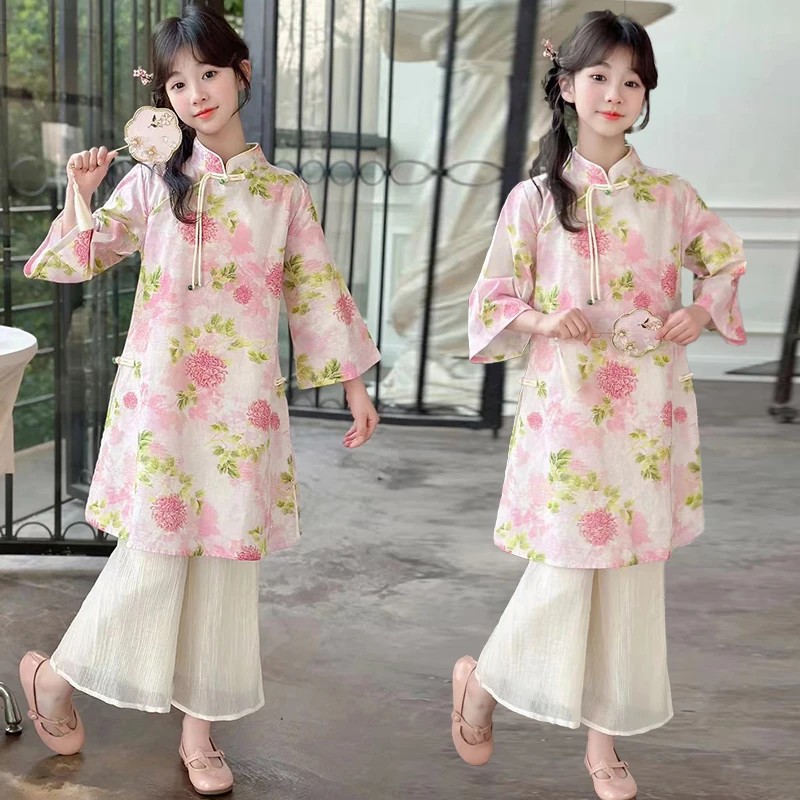 旗袍女童中国风2025新款夏装中大童女装洋气女孩夏季休闲夏天套装