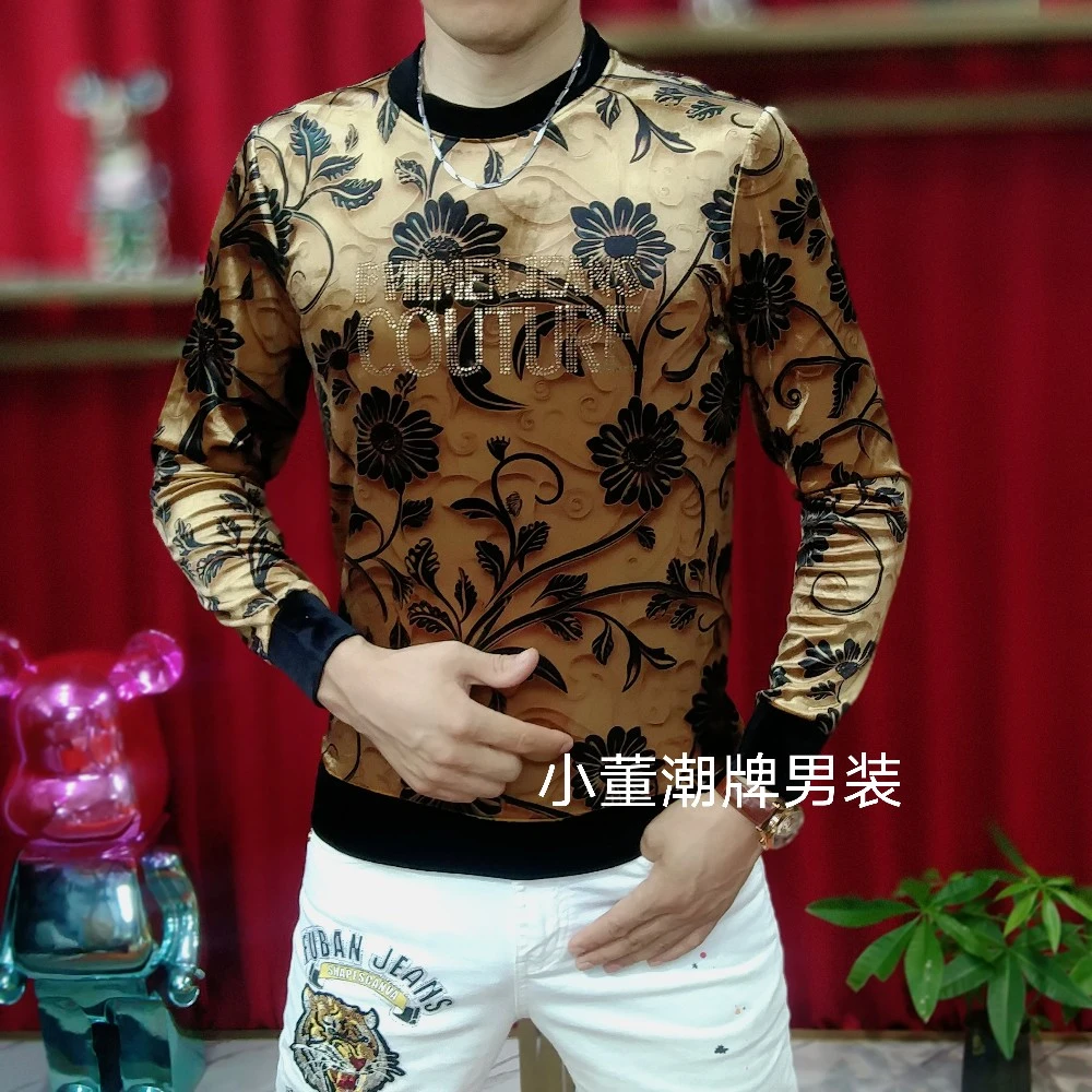 2025男士秋季高品质欧货丝绒烫钻潮流圆领卫衣时尚气质长袖打底衫