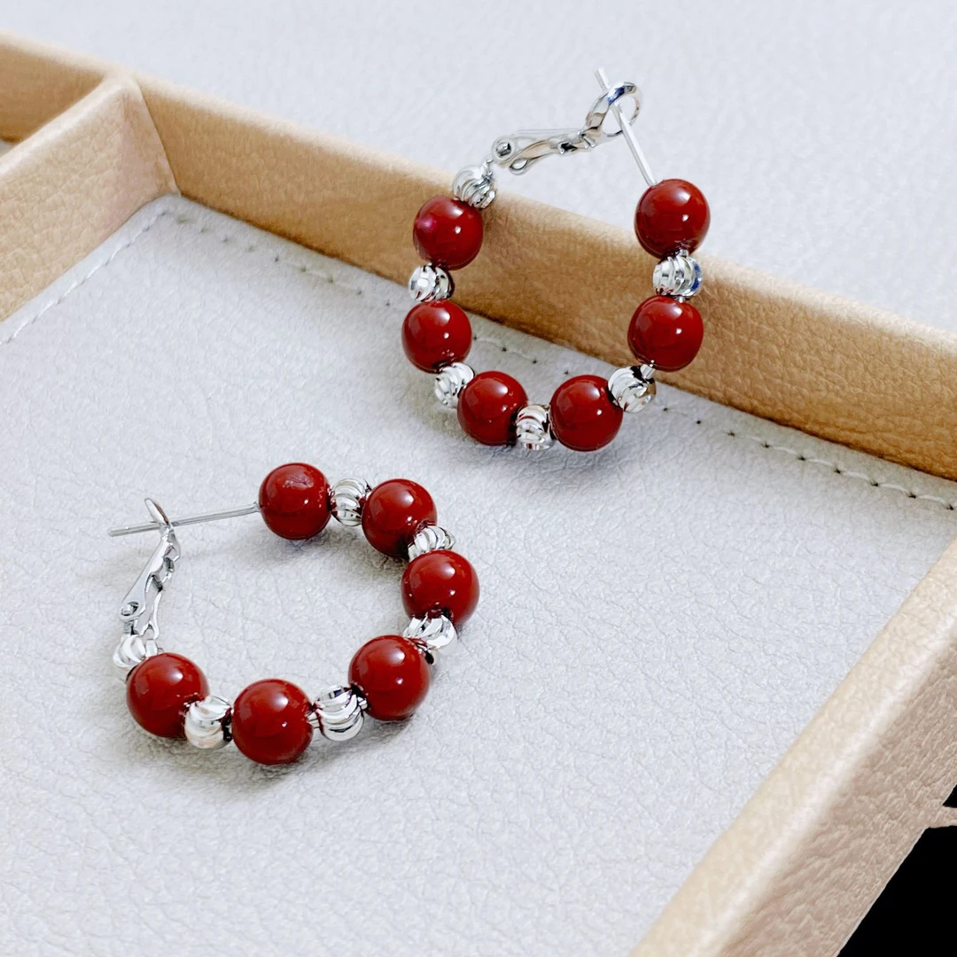 铜合金树脂耳饰 复古安可拉红色珍珠耳环设计感新中式简约耳饰