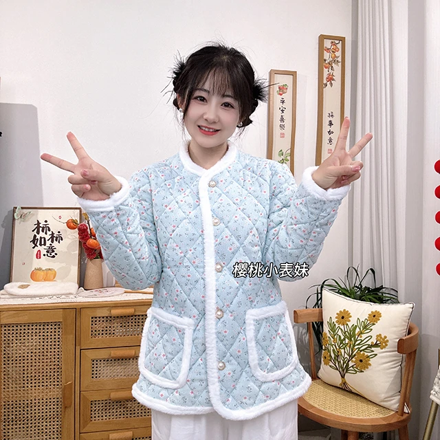 2025秋冬新款仿兔毛国风中式印花加绒加厚棉衣棉服