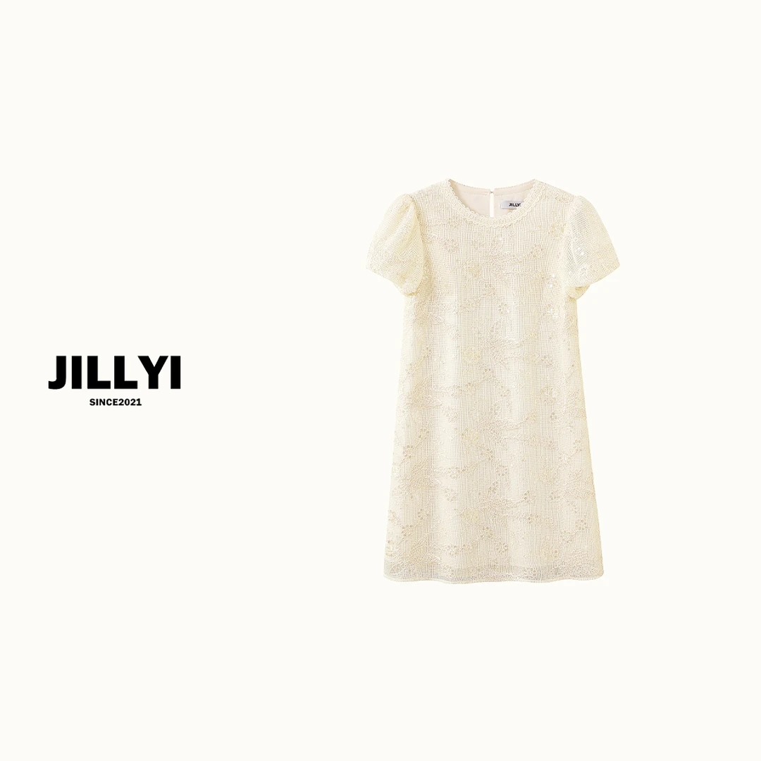 JILLYI【流光笔记】香槟色圆领镂空工艺时尚公主气质连衣裙