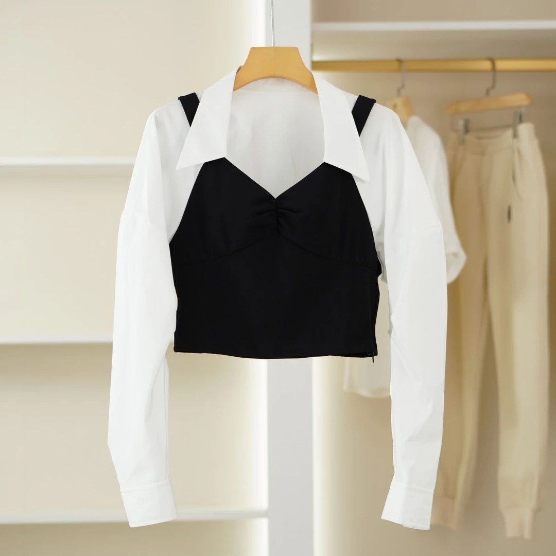 麦迪尚品【H】K054女装春简约时尚高级黑白撞色假两件上衣小衫