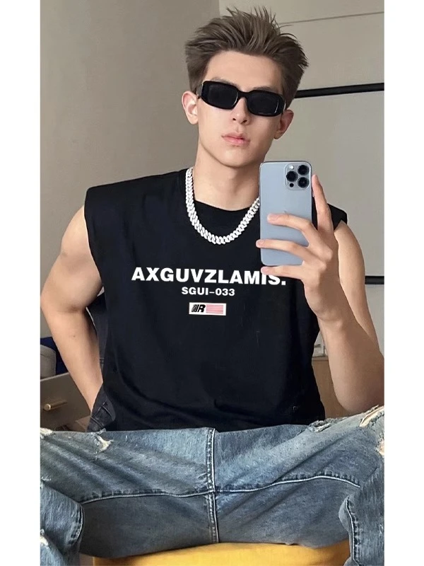 美式潮牌嘻哈hiphop个性印花休闲宽松背心男夏季纯棉重磅无袖上衣