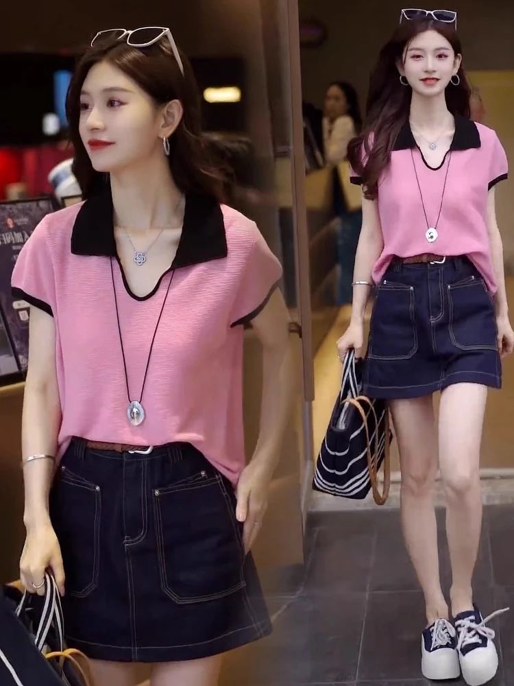 冰丝针织短袖T恤女2025夏季新款洋气显瘦百搭撞色polo领休闲上衣