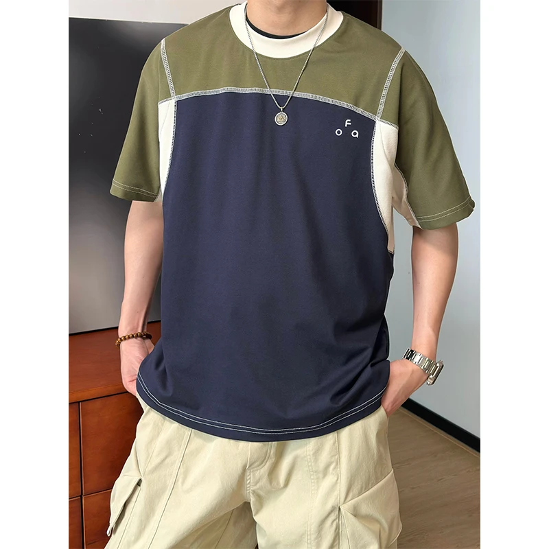 新款美式简约字母印花短袖T恤男春夏宽松拼接撞色重磅纯棉上衣女