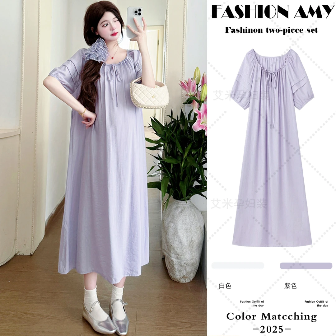 孕妇连衣裙夏装新款时尚韩版气质休闲松紧调节一字领泡泡袖显瘦裙