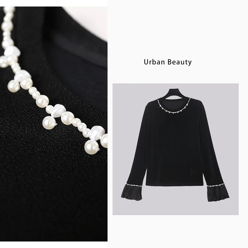 珍珠点缀优雅拼接圆领上衣气质长袖轻奢时尚百搭女士设计师DF2163