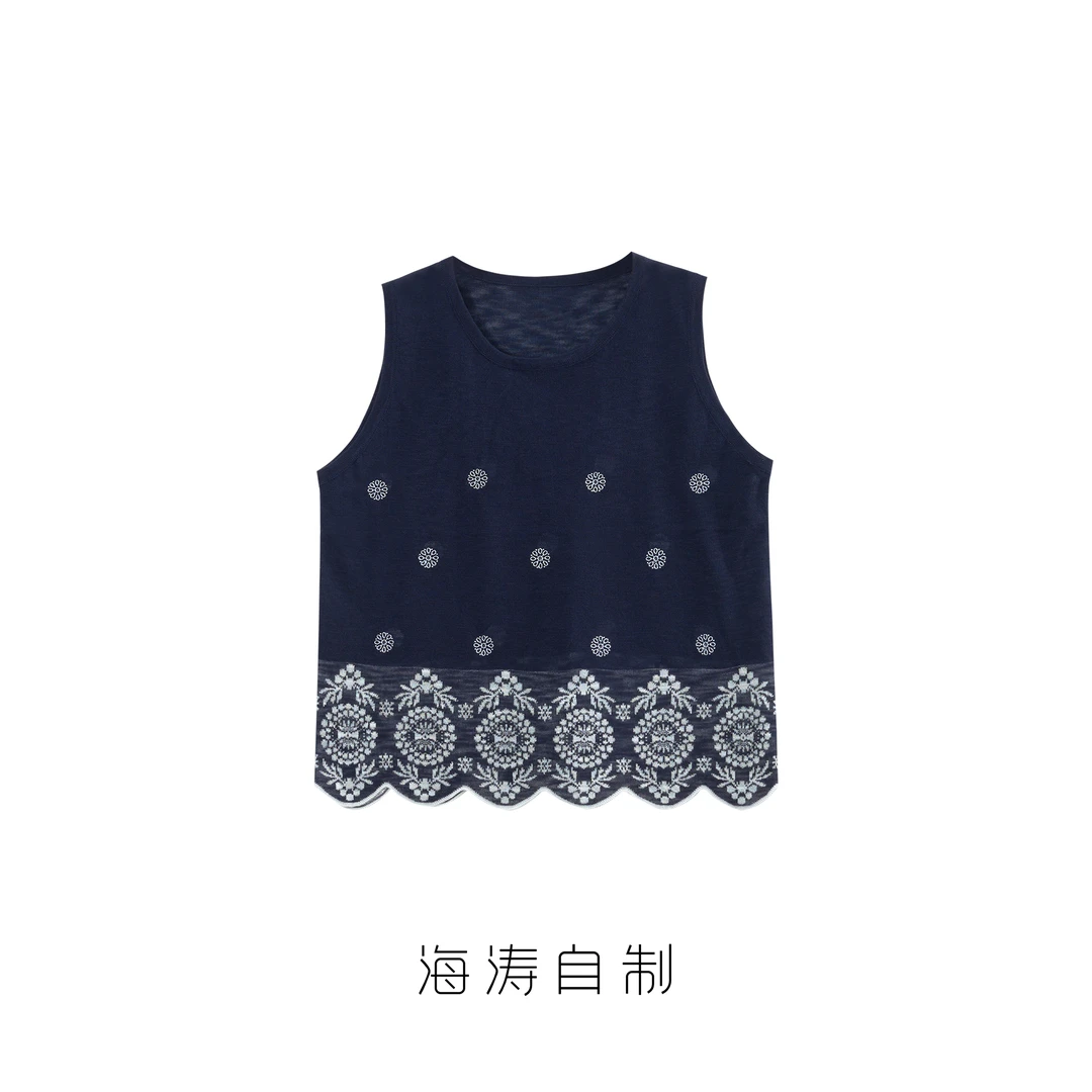 【海涛大叔】「山岚絮雨」花花规则弧形下摆圆领无袖背心T恤