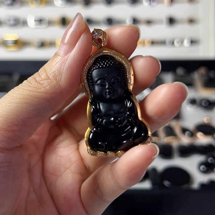 翡翠18K金镶嵌颈饰虹*墨翠吊坠